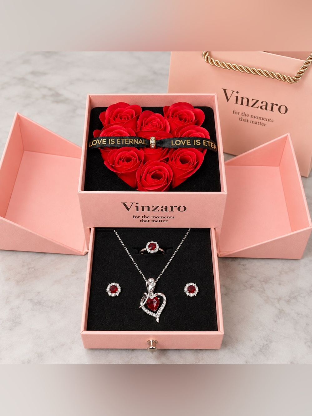 Vinzaro 925 STERLING SILVER Love Is Eternal Rose Jewelry Gift Set Mom NWT w/Bag